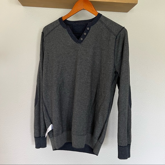 RAFFI Cotton Reversible Elbow Patch Henley Sweater Blue Grey Size Medium NWT - Picture 4 of 9